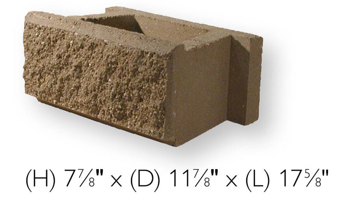 Single tan split faced retaining wall block with dimensions on a white background.