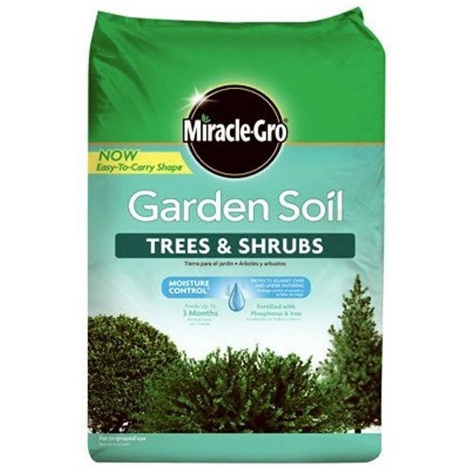 Miracle-Gro Garden Soil for Trees & Shrubs, featuring Moisture Control technology, feeds plants for up to 3 months, and promotes strong roots with phosphorus and iron.